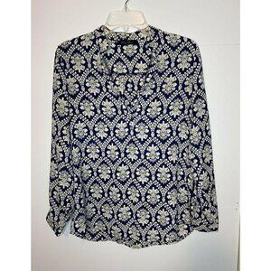 Honey Punch Damask Women's Long Sleeve Top Sz Small Blue Cream Sheer Sleeve EUC